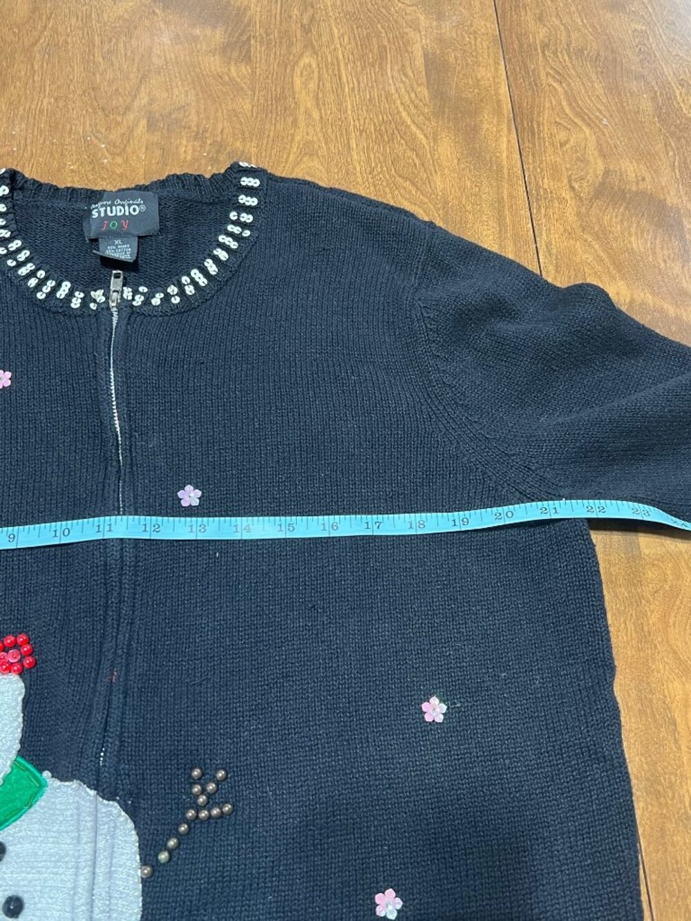 Design Originals Joy Sequin Beaded Snowman Full Zip Black Sweater Cardigan XL - Picture 8 of 11